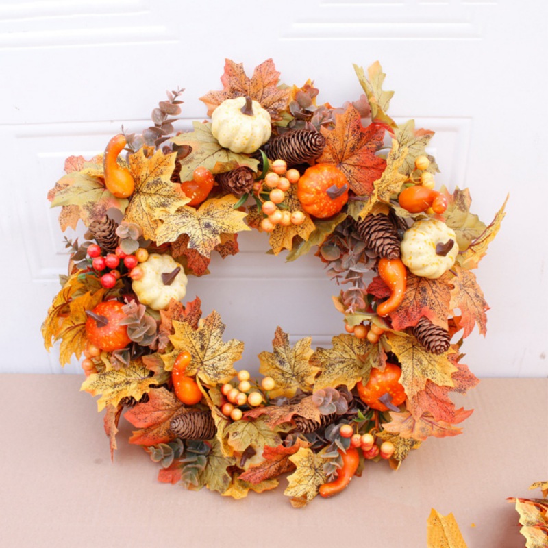 Artificial Wreath Garland Rattan Frame With Pumpkin Berries Pine Cone And Maple Leaves Halloween Thanksgiving Autumn D