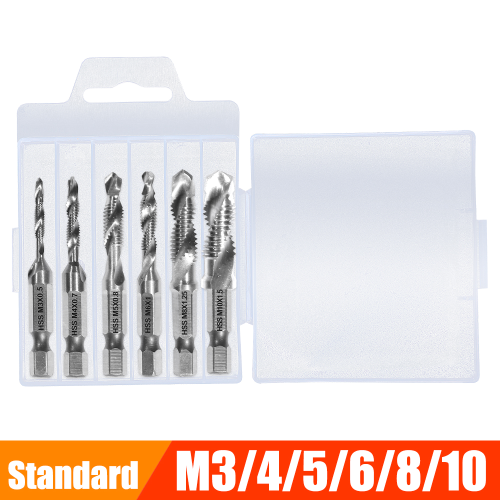 Metric Thread Tap Drill Bits Set Hex Shank HSS Titanium Plated Screw Thread Combination Drill Tap M3 M4 M5 M6 M8 M10 Hand Tools: 6PCS Silver Standard