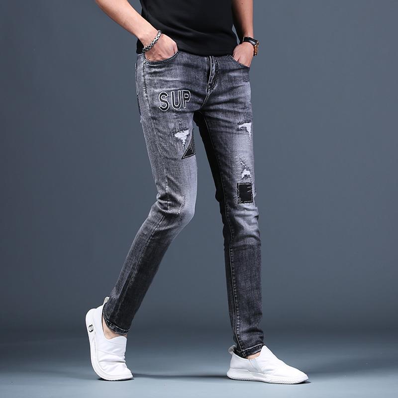 Jean gris déchiré de luxe léger pour hommes, jean de clochard à rayures et coutures, pantalon en Denim extensible de , jean de rue pour hommes