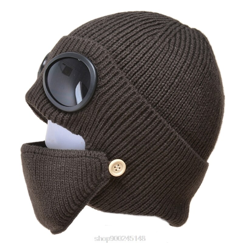 2 In 1 Ribbed Knit Beanie Hat Mouth Mask Set Warm Windproof Snow Cuffed Earflap Cap with Glasses Goggles N03 20: Camel