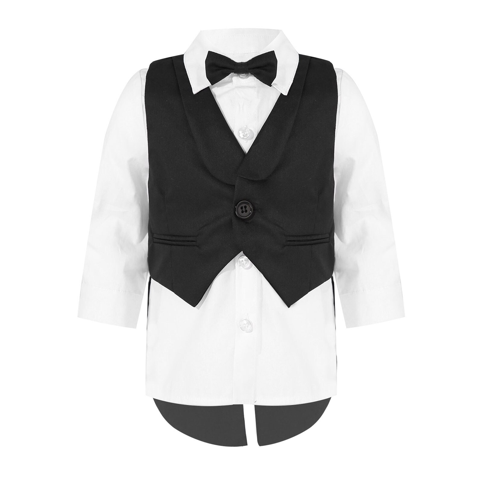 Trajes de esmoquin para bebés y niños, chaleco de esmoquin con botones, camisa blanca de manga larga, Top con pajarita: Black / 6-9M