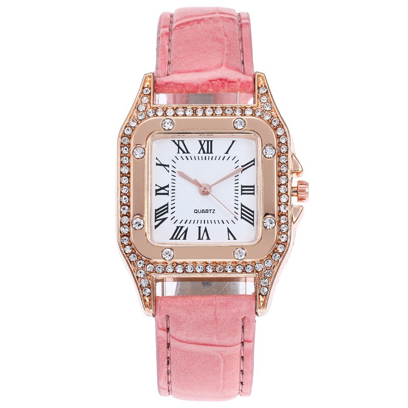 Vierkante Luxe Diamant Vrouwen Horloges Set Lederen Dames Horloge Waterdicht Vrouwelijke Quartz Horloge Relogio Feminino Reloj Mujer: Roze