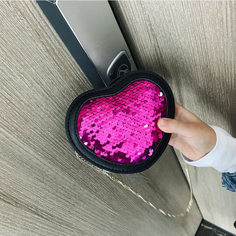 Europe Cute Girls Sequins Coin Purses Heart-shaped Princess Mini Glitter Paillette Bag Kids Chain Messenger Bag Wallets