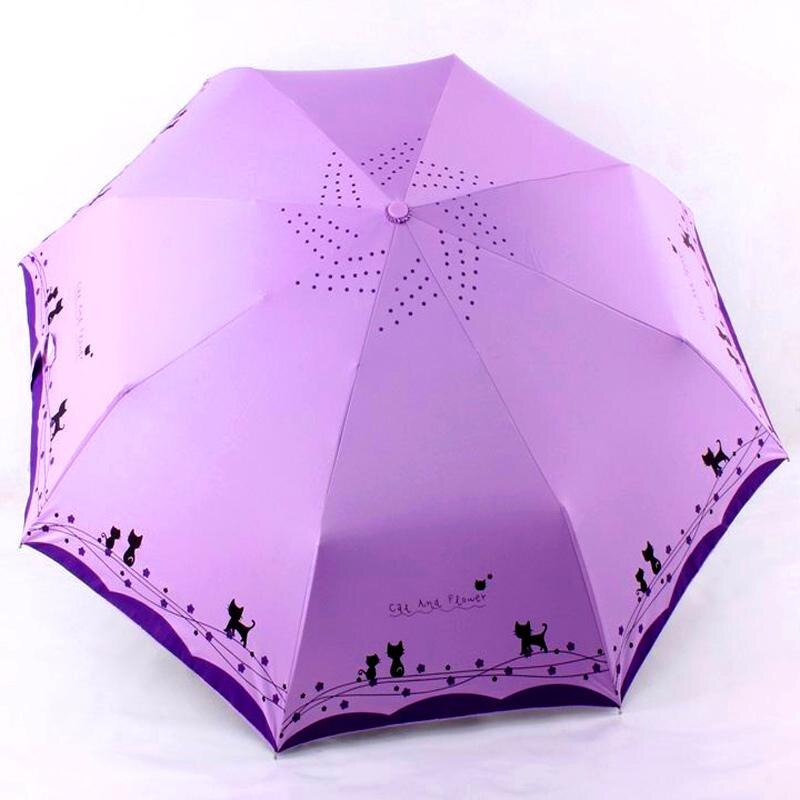 Parapluie pliant automatique pour femmes, style chat et fleurs, ultraléger, coupe-vent, pluie de soleil: Purple