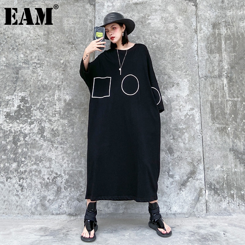 [EAM] vestido largo negro estampado de patrón de talla grande cuello redondo manga larga ajuste suelto Primavera otoño 1Z424