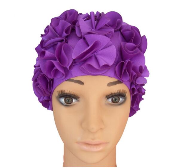 Kvinder damer vintage stil blomsterblomst voksen badehætte fri størrelse elastisk svømme badehue hårbeskyttelse: Lilla
