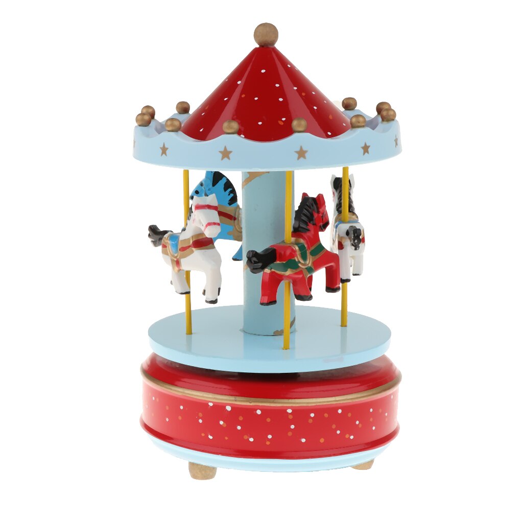 Leuke Houten Musical Box Met Draaibare Carrousel Met Kleine Paarden Wind Up Music Box Kids Schattige -Roze/blauw/Rood: Red with Dot