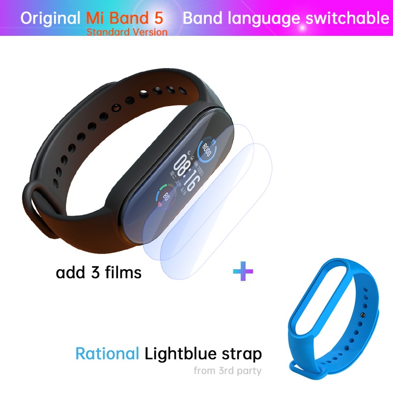 Xiaomi-Pulsera Mi Band 5 de fitness, reloj con monitor deportivo del ritmo cardíaco las 24 horas, carga magnética, sueño REM, siesta, pasos, natación, alarma de recordatorio,: STD n film lightblue