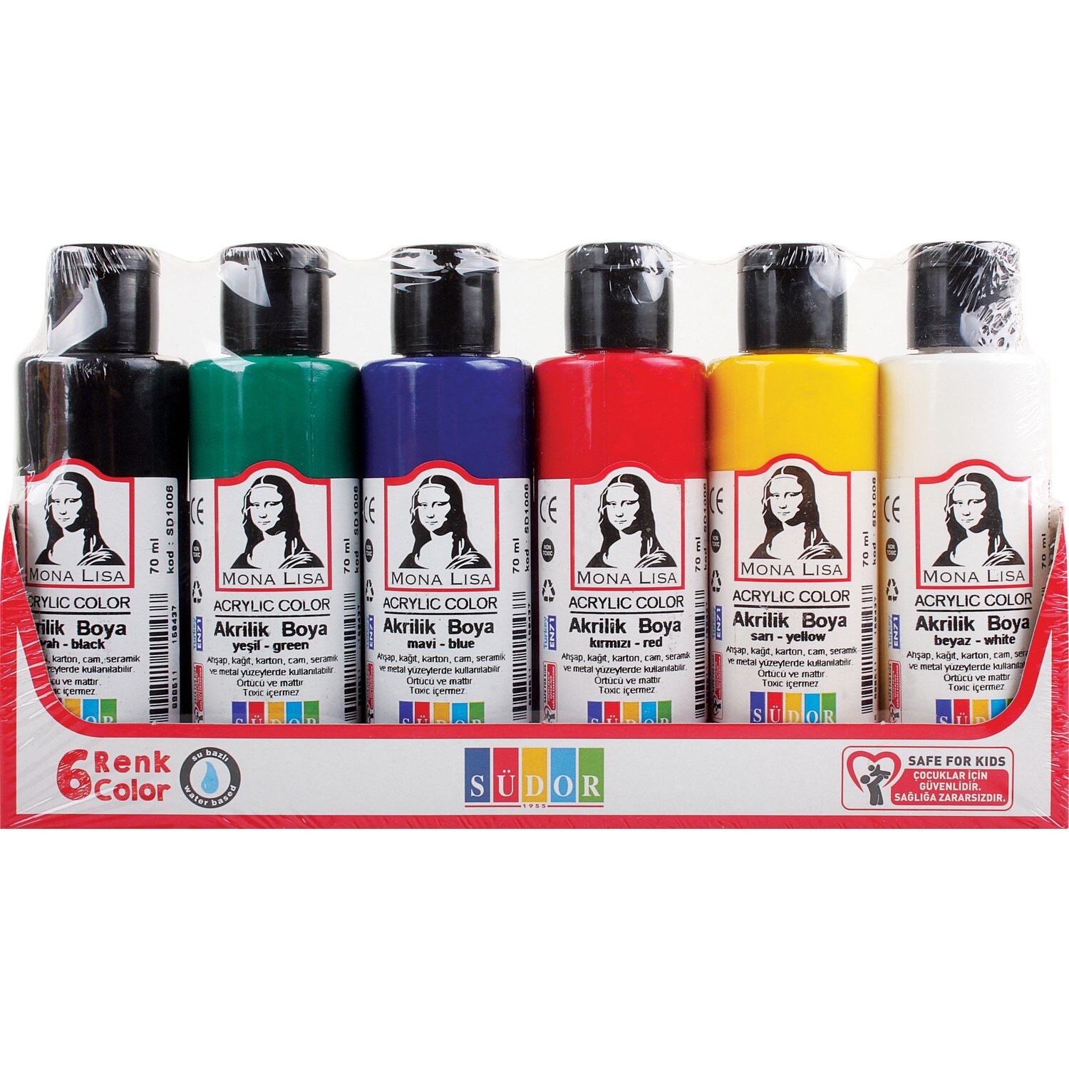 Südor Monalisa-Juego de pintura acrílica con base de agua, botellas de 6x70 ml para piedra de lona adecuada, papel de madera de vidrio y muchas superficies