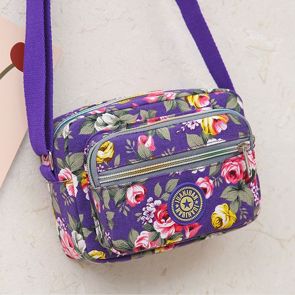 Casual rugzak messenger tas van nylon canvas, schoudertas met meerdere lagen en bloemenprint, moedertas, dames crossbodytas: Zwart