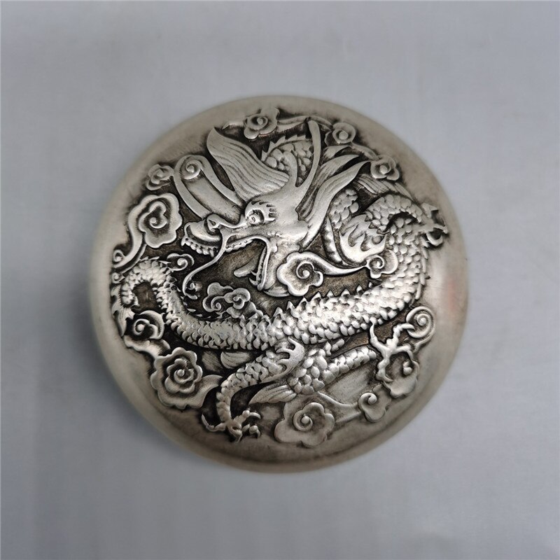Chinese Oude Tibetaanse Silver Relief Dubbele Reliëf Draak, Sieraden Doos, Inkt Cartridge Opbergdoos