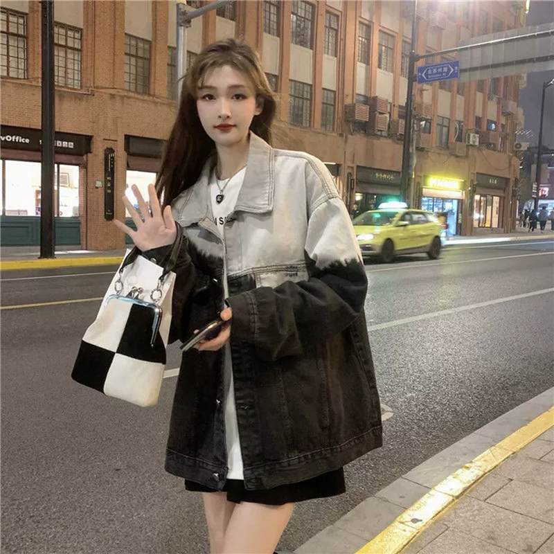 Dame vintage langærmet denimjakke gradient afslappet løse jeans store frakker dame vinterbomber street denim outwear top