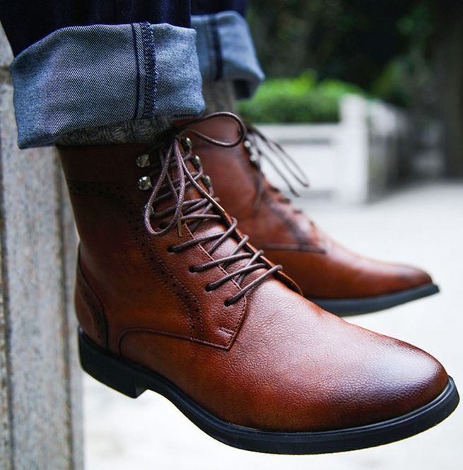 Botas de cuero sintético con tacón bajo para hombre, zapatos informales de encaje, con punta redonda, estilo Martin, 4M024