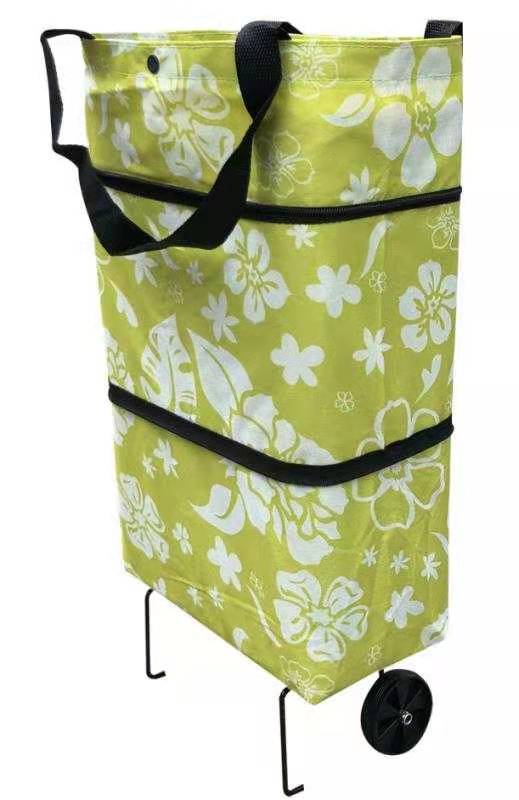 Collapsible Supermarket Bag, Cute Cartoon Sopping Bag + with Wheels Tote Food Market Cart Supermarket Trolley Bag: Green flower