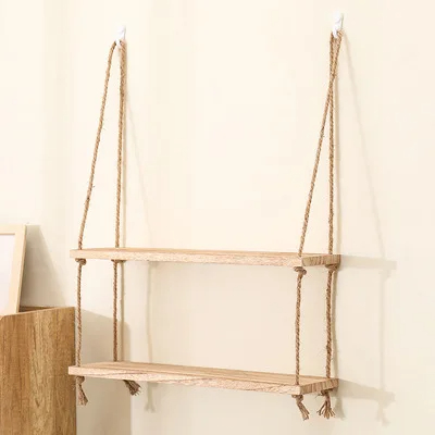 Estantes flotantes de madera para pared, planta, flor, columpio de madera, cuerda colgante, almacenamiento, decoración para el hogar y la sala de estar, 1/2/3 niveles: Verde