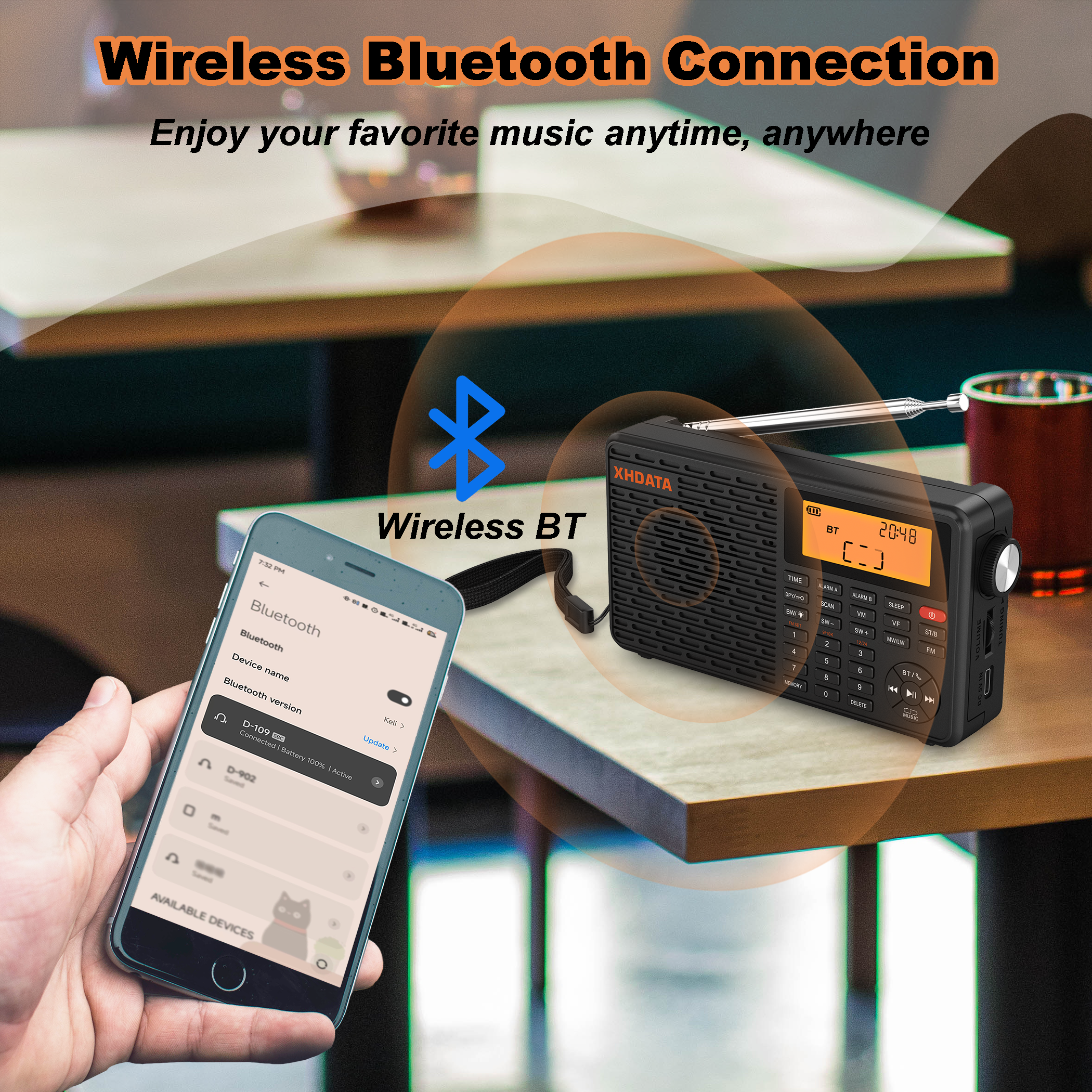 XHDATA D-109 Radio portátil Digital estéreo AM SW MW Radio FM Compatible con Bluetooth Radio multifuncional compatible con reproductor de tarjetas TF