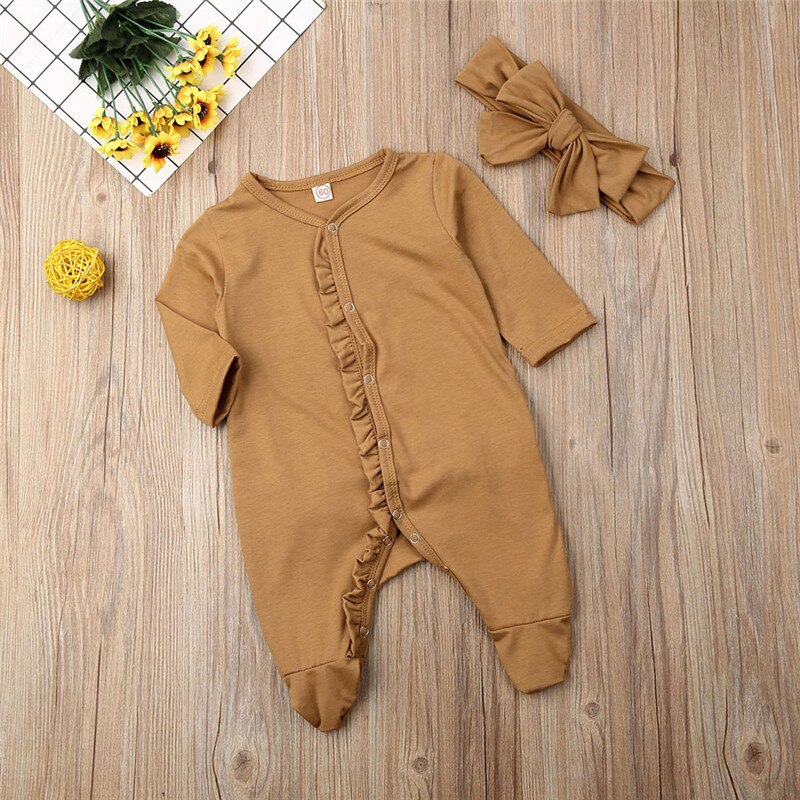 Nyfødt baby dreng pige efterårstøj langærmet romper hovedbånd nattøj pyjamas babygrows: Gul / 0 3m