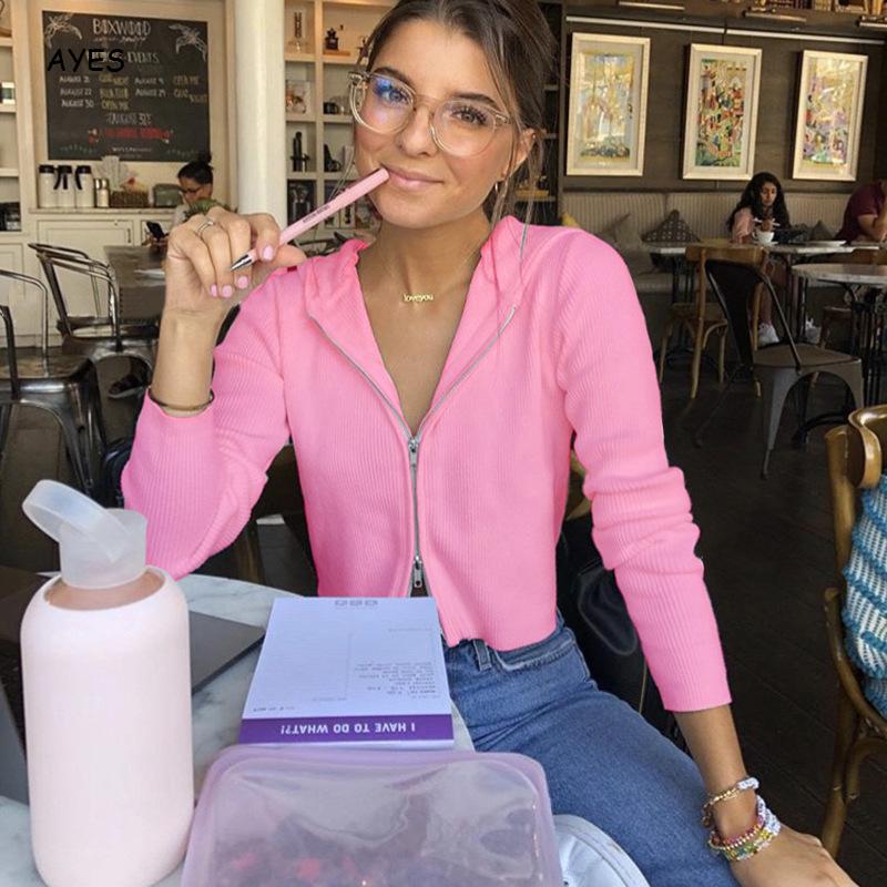 Pink dame cardigan  y2k strik sweater slim crop top v-hals lynlås lange ærmer outwear hættetrøje korte striktrøjer