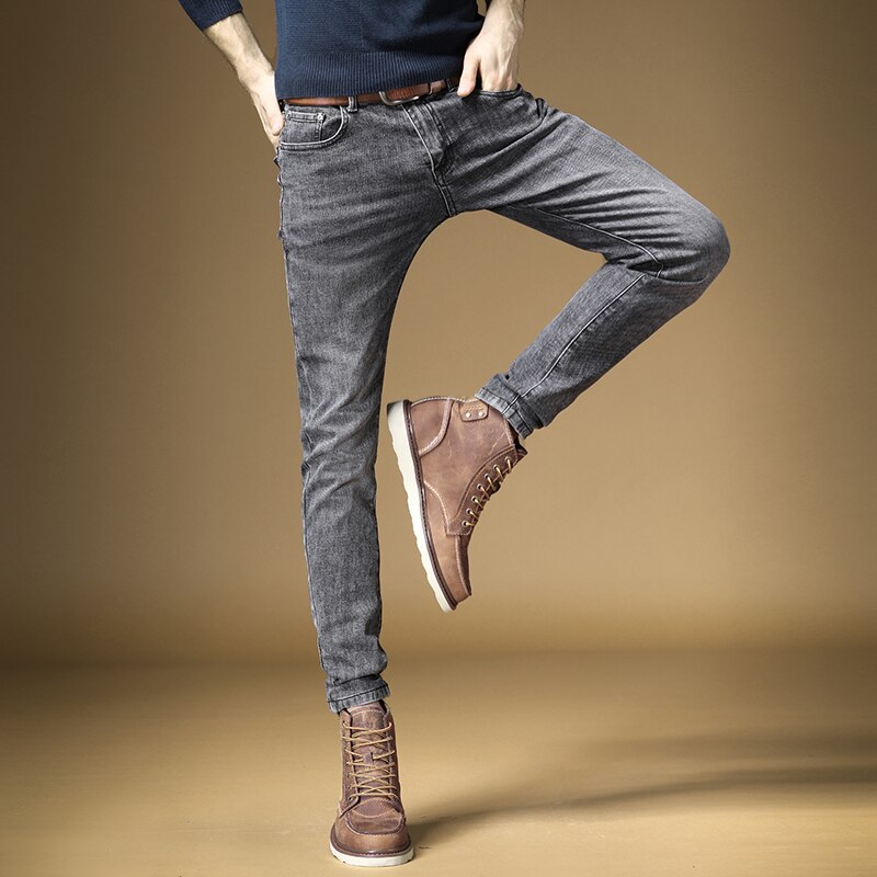 Pantalones vaqueros elásticos para hombre, ropa de calle con ajuste, para otoño e invierno, color gris oscuro