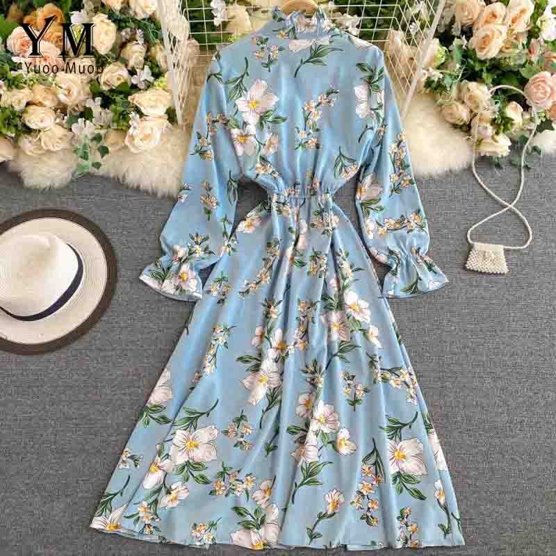 Yuoomuoo kvinder retro blomstret kjole stander krave slank lang vestidos forår efterår chiffon langærmet kjole femme: Blå