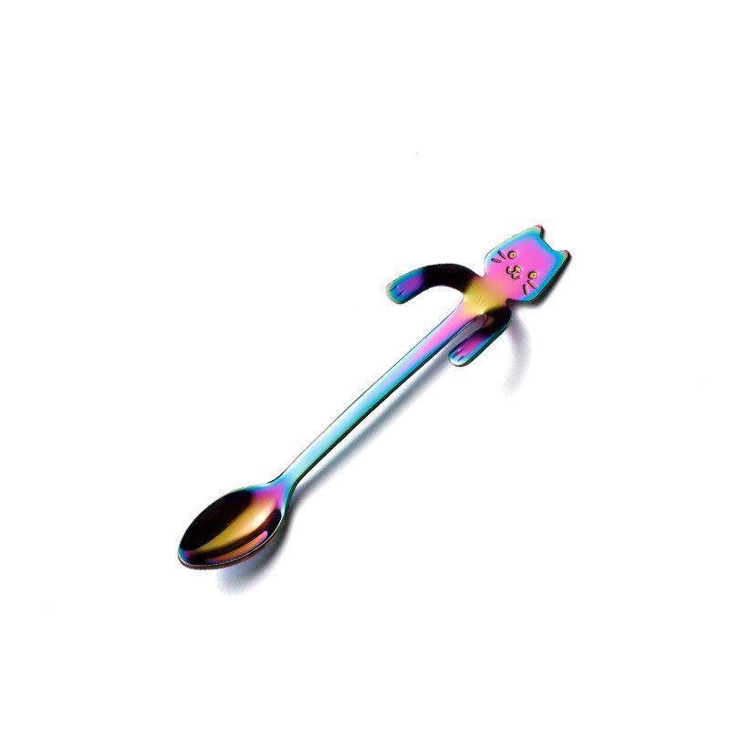 Mini colher de café 304 aço inoxidável, desenho animado, gato, colher, cabo longo, ferramenta para beber café, utensílios de cozinha, venda imperdível: Colorful
