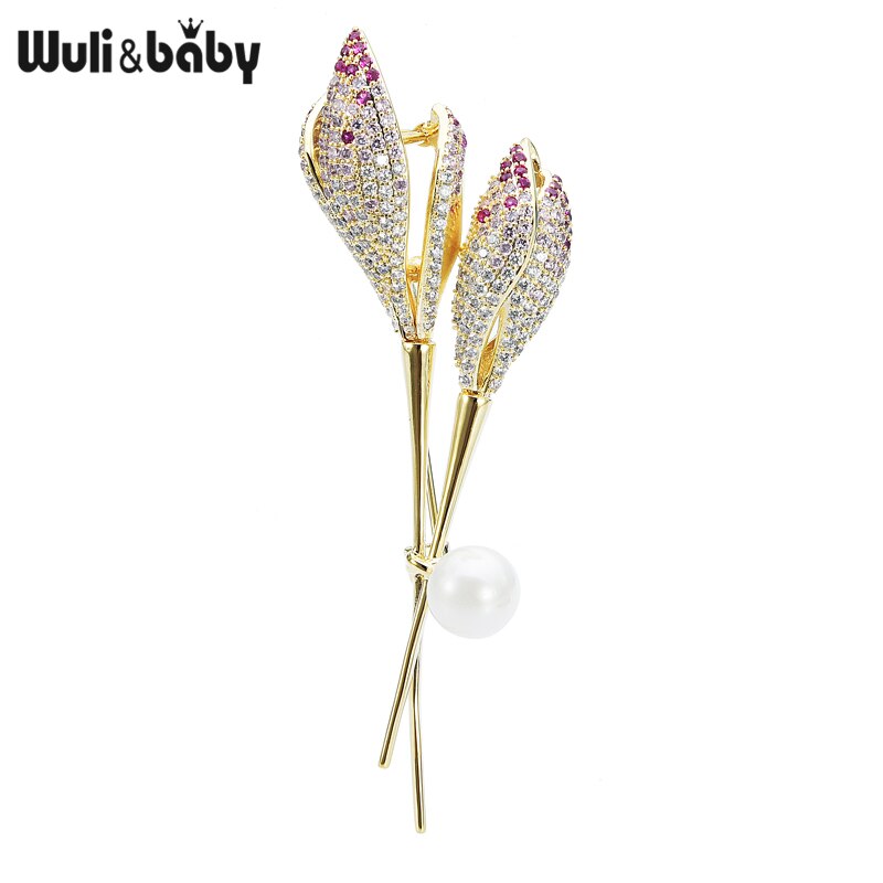 Wuli & baby Luxus Cubic Zirkon Tulpe Blume Broschen Für Frauen Perle Rosa Blume Hochzeiten Party Büro Brosche Pins