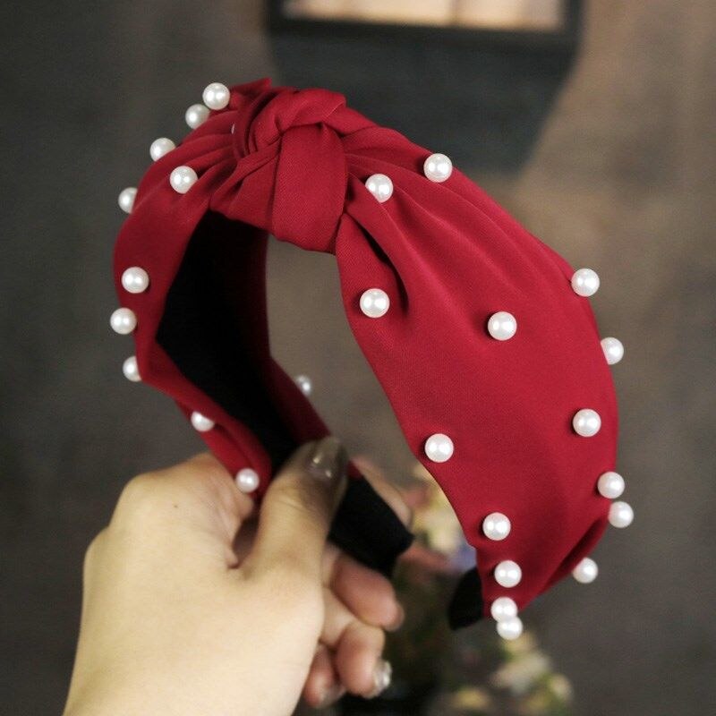 Satin Fabric Pearl Beading Hair Band For Women Girls Bow Knot Hair Accessories Headwear: Red pearl