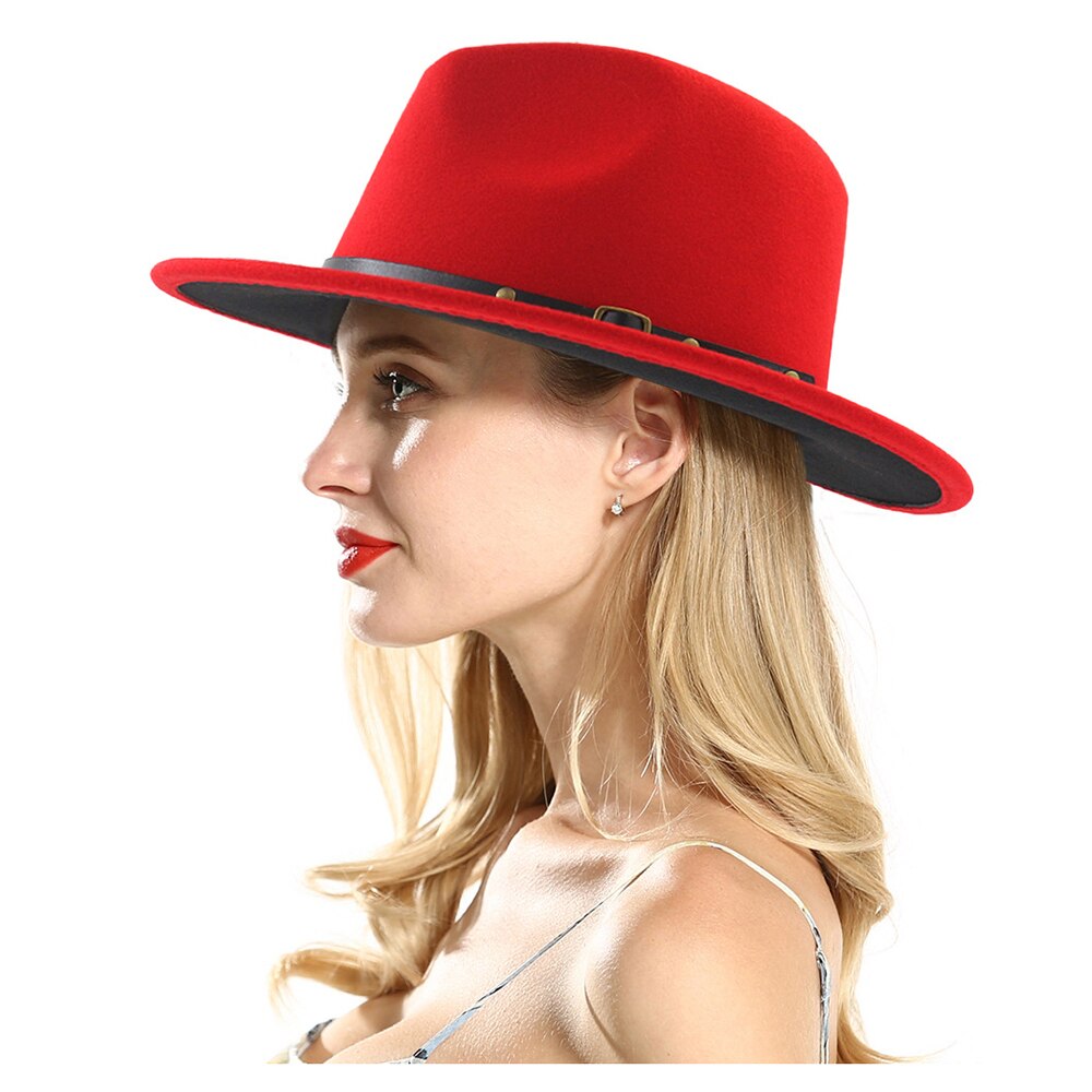 Sombrero fieltro rojo y negro para hombre y mujer, sombrero de ala ancha, sombrero Trilby para Jazz, iglesia, Sombrero de Panamá,