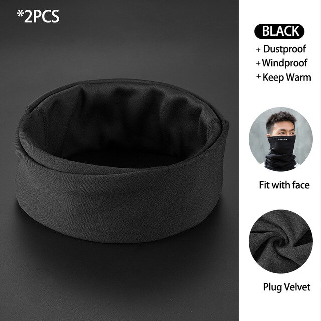 ROCKBROS-mascarilla de Ciclismo de invierno, Bandana transpirable a prueba de viento, máscara facial cálida, gorro térmico de lana para el cuello: Black 2PCS