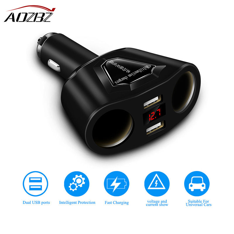 Aozbz 3.1A Dual Usb Autolader Met 2 Sigarettenaansteker Stopcontacten 120W Power Ondersteuning Display Huidige Volmeter Voor Iphone