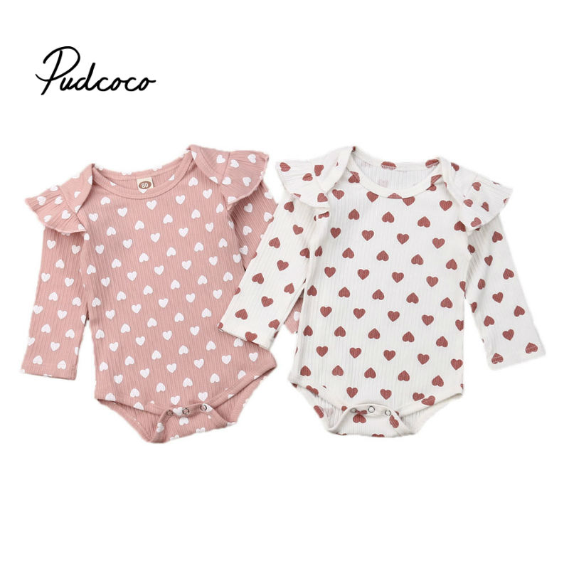 pudcoco Spring Autumn Clothing Newborn Kids Baby Girls Boy Ribbed Clothes Ruffle Hearts Jumpsuit Fly Long Sleeve Bodysuit Outfit