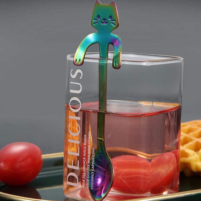 Dibujo animado de gato colgante taza cuchara de acero inoxidable cuchara de café taza té cuchara postre helado cucharilla vajilla U3