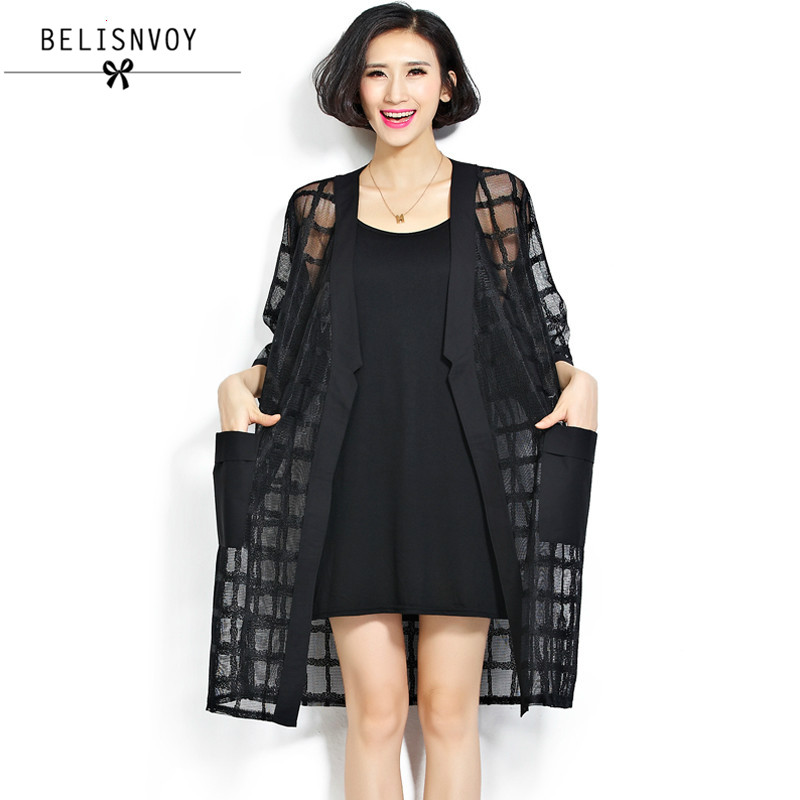 Plus Size Chiffon Coat Summer Style Women Clothing Black Plaid Perspecti Loose Half Sleeve Lady Long Mesh Cardigan