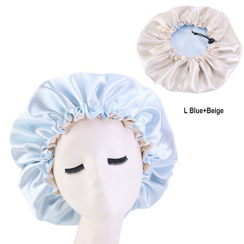 Reversible Satin Hair Bonnets Caps Women Double Layer Adjust Sleep Night Headwear Cover Hat For Curly Hair Styling Accessories: Light Blue