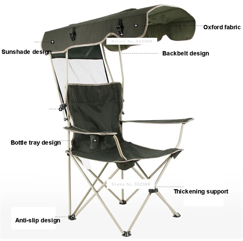 Bärbar fällbar fiskestol med solskydd oxford tyg stålrör strandstol ryggstöd hopfällbar picknick camping utomhus stol
