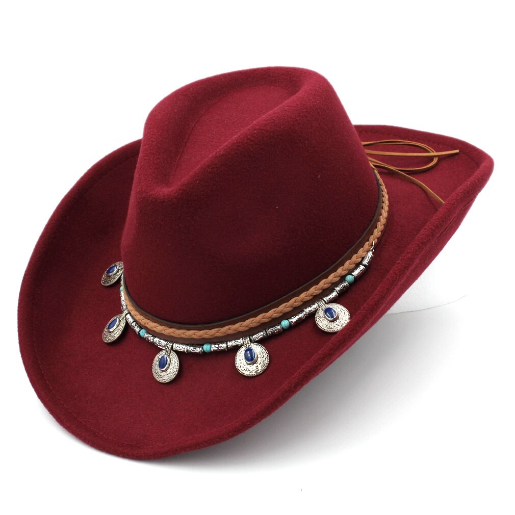 Munng Unisex Retro Western Equestrian Cowboy Hat Cattleman Riding Upturn Wide Brim Cowgirl Cap Beading Braided Hatband: Wine Red
