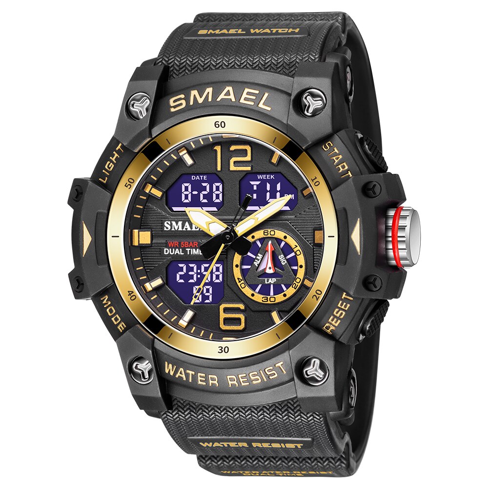 SMAEL – montre de sport pour hommes, double affichage LED, numérique, Quartz, étanche, chronomètre pour étudiants, horloge pour jeunes: Black Golden