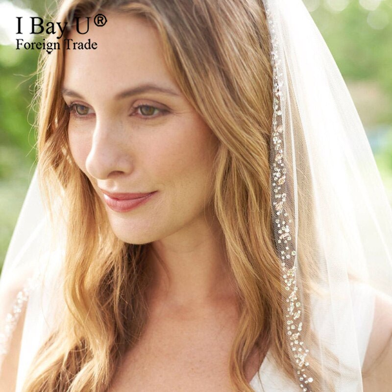 Roségouden kralenrand bruidssluier handgemaakte blush kralen kristal bruidssluier ivoor tule vingertop sluier bruidsaccessoire