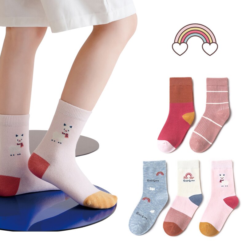 5 Paren/partij Kids Sokken Herfst Winter Katoenen Baby Sokken Warm Animal Leuke Mooie Kinderen Sokken Meisjes Regenboog Sokken