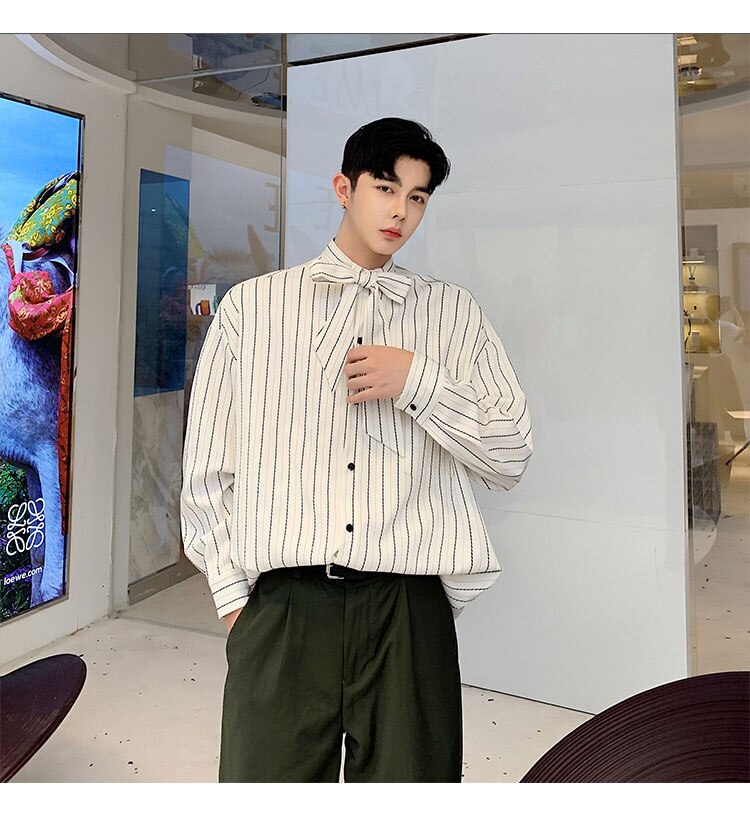 / herenkleding strik kraag gestreept overhemd lente zomer losse lange mouwen grote maten koreaanse tops casual tide 9 y 1721: Wit / Ik