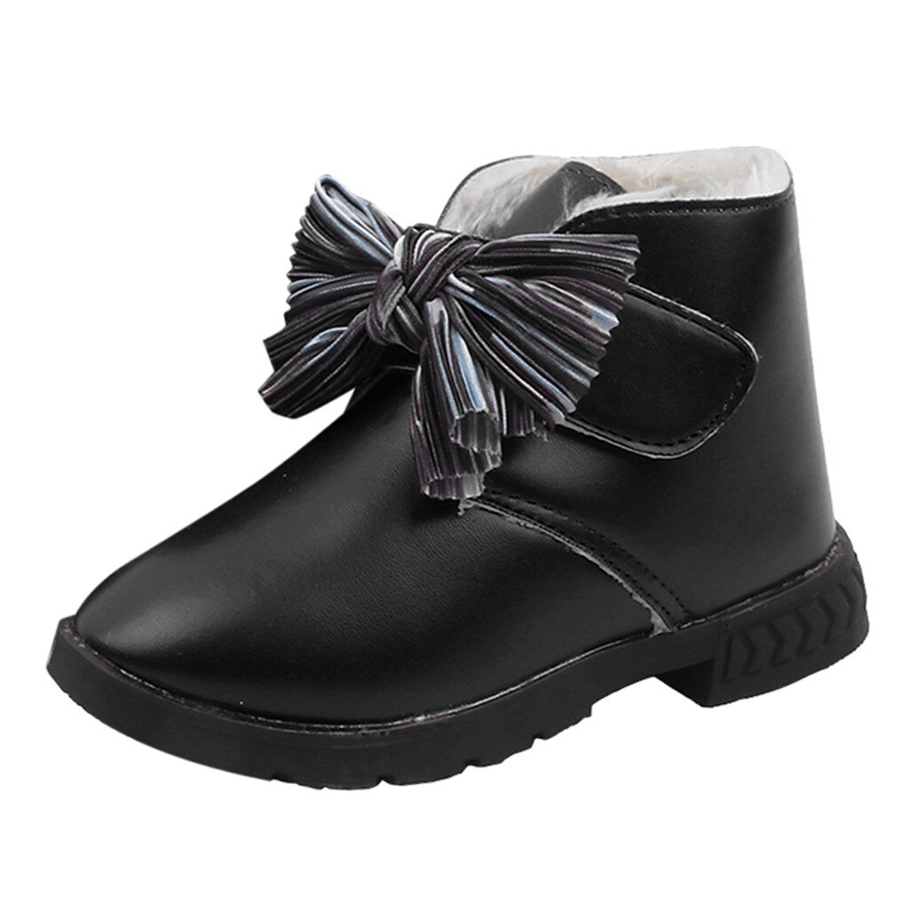 Winter Meisjes Enkel Laarzen Mode Kinderen Laarzen Boog-knoop Pluche Warme Katoen Prinses Zoete Grote Kinderen Meisje Enkel schoenen: Black / 13.5