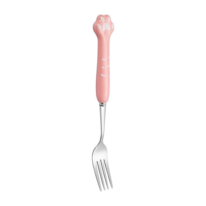 Cute cat claw ceramic 304 stainless steel tableware spoon fork chopsticks cute cartoon spoon gold spoon fork: Pink silver fork