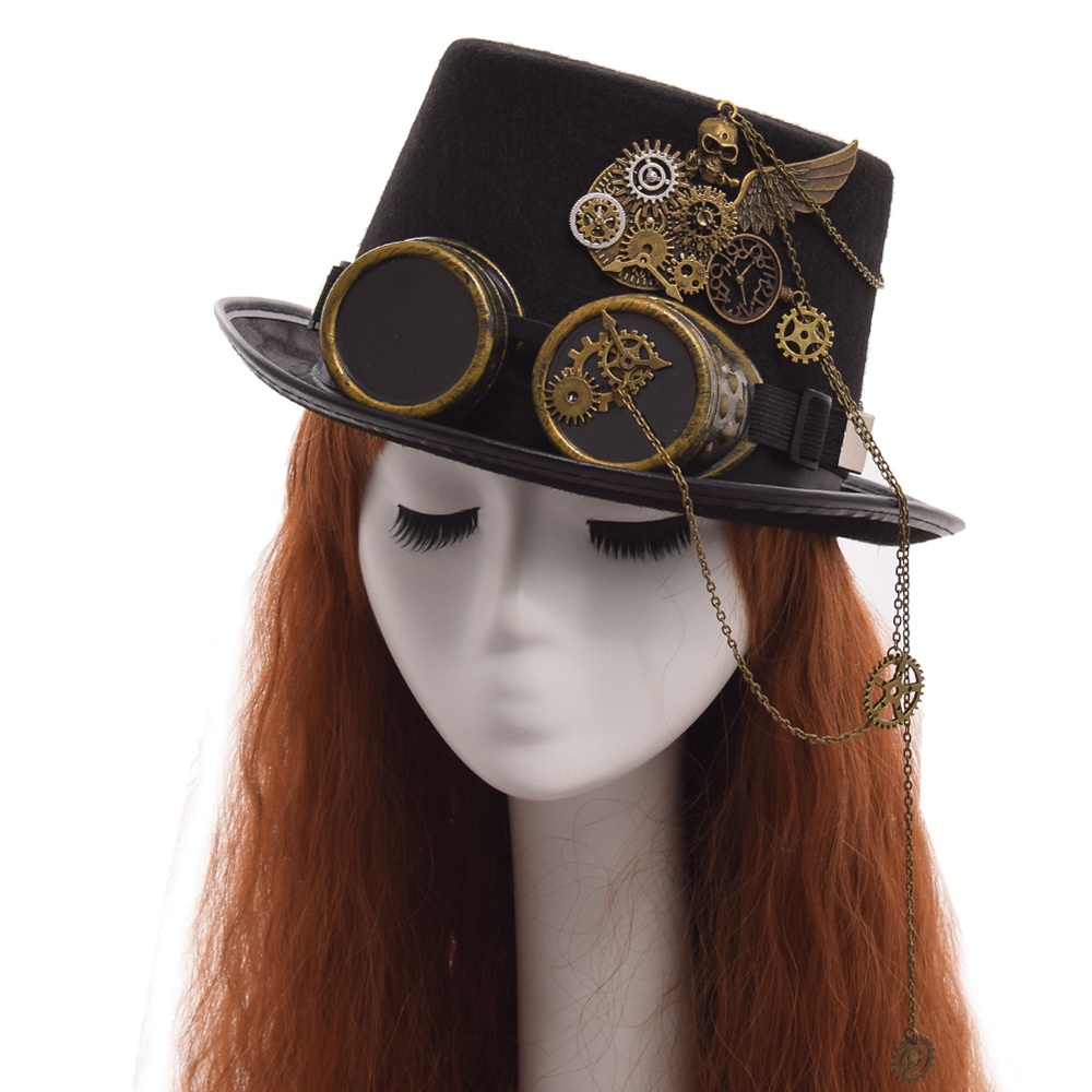 Chapeau gothique unisexe noir avec ailes de crâne, accessoires de fête Steampunk Vintage: 56-58cm Head