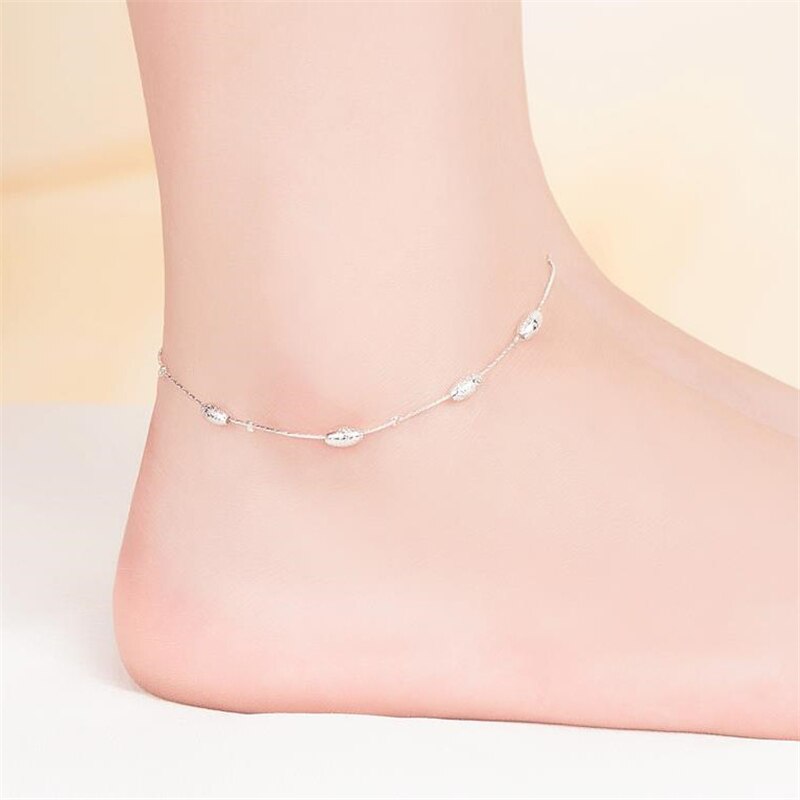 KOFSAC Summer 925 Sterling Silver Ankle Chain Anklets For Women Beach Party Olive Beads Bracelet Foot Jewelry