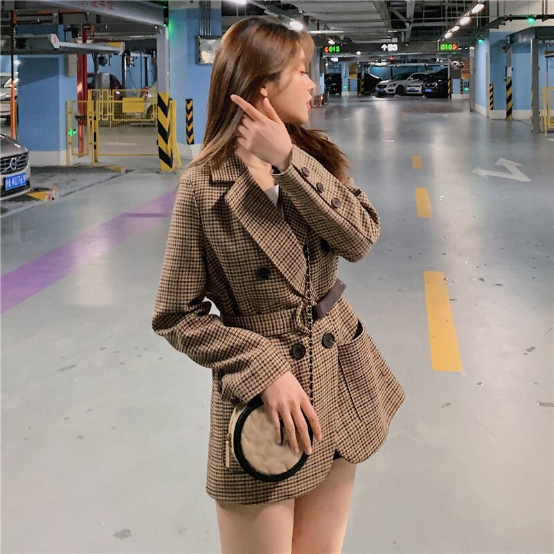 Aelegantmis-costume Vintage pour femme, Blazer à carreaux longs, vêtements d'extérieur d'affaires avec ceinture, Style anglais, printemps automne