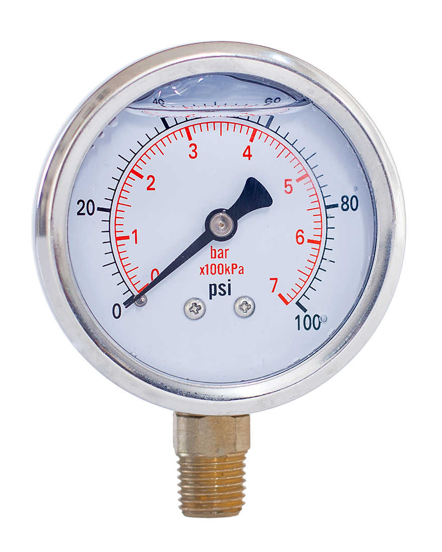 Glycerine Filled Pressure Gauge 2.5 Inch 1/4 NPT Lower Mount 15,30, 60,100,160, 200, 300, 400,600,2000,3000,5000,10000 Psi & Bar