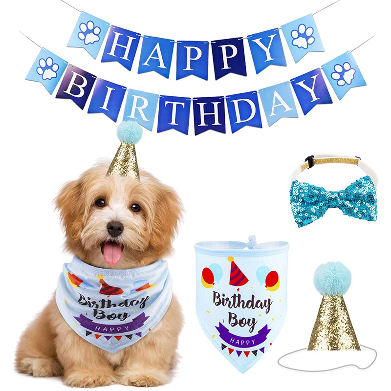 Écharpe Bandana d&#39;anniversaire pour chien, banderole, chapeau et nœud papillon pour animaux de compagnie, fournitures de fête d&#39;anniversaire: Blue Sets