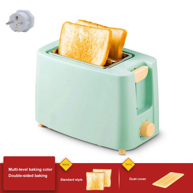 Household Automatic Bread Baking Maker Stainless Steel Electric Toaster Breakfast Machine Toast Sandwich Grill Oven 2 Slice: Green Dust Cover