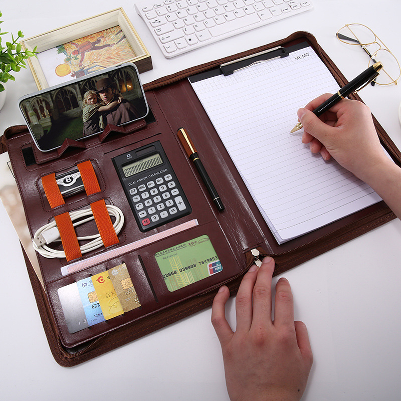 A4 Leather Clipboard File Folder Multi-function Folder Organizer Office Manager Clip Writing Pads Contract Briefcase Portfolio