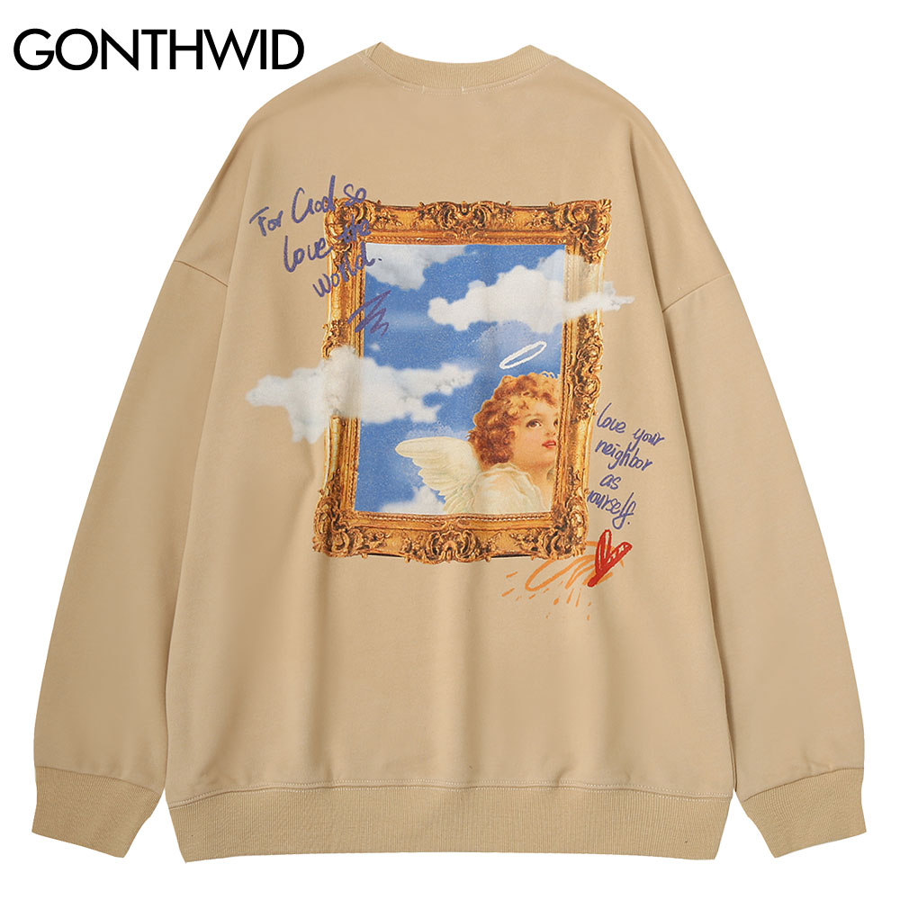 Gonthwid Hoodies Sweatshirts Streetwear Mannen Hip Hop Harajuku Casual Godin Kind Angel Print Trui Tops Uitloper Mannelijke